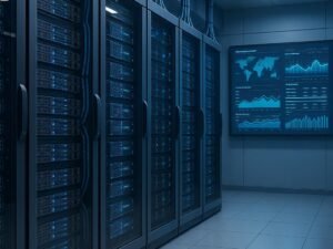 Hochmodernes Rechenzentrum mit großen Server-Racks, Kabelsäulen und einem Monitor mit Netzwerkdiagrammen, Credit: 404 Magazine (Tobias Hager)