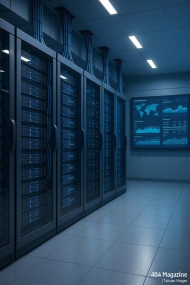 Hochmodernes Rechenzentrum mit großen Server-Racks, Kabelsäulen und einem Monitor mit Netzwerkdiagrammen, Credit: 404 Magazine (Tobias Hager)