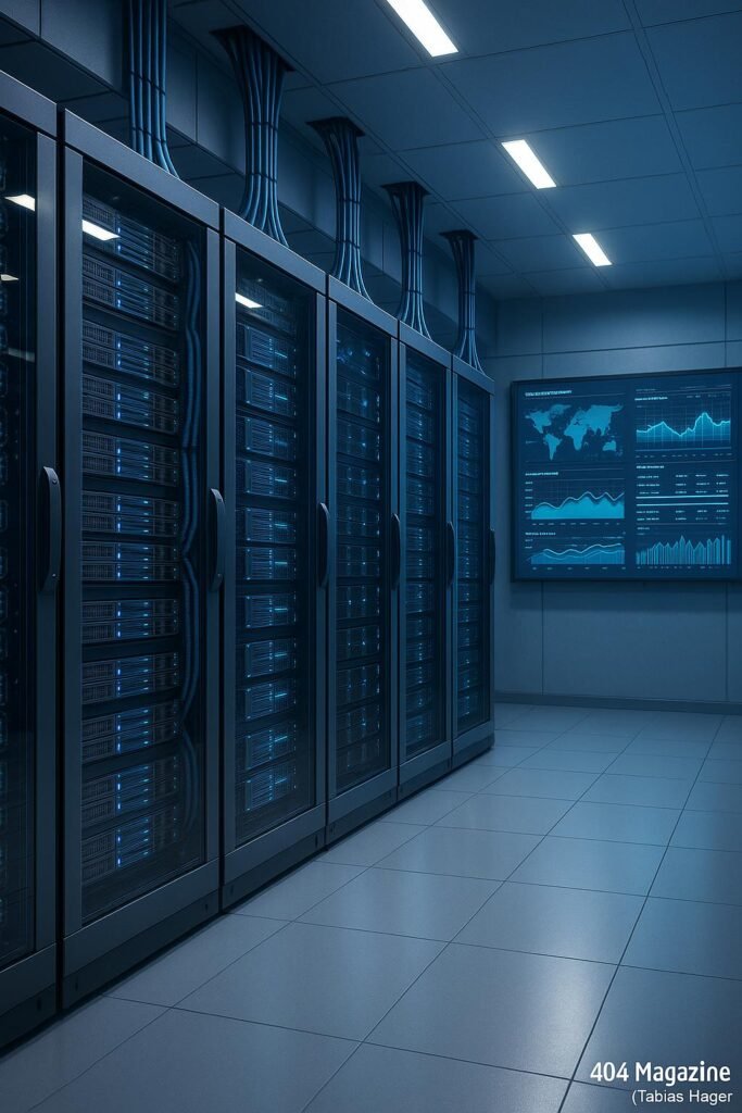 Hochmodernes Rechenzentrum mit großen Server-Racks, Kabelsäulen und einem Monitor mit Netzwerkdiagrammen, Credit: 404 Magazine (Tobias Hager)