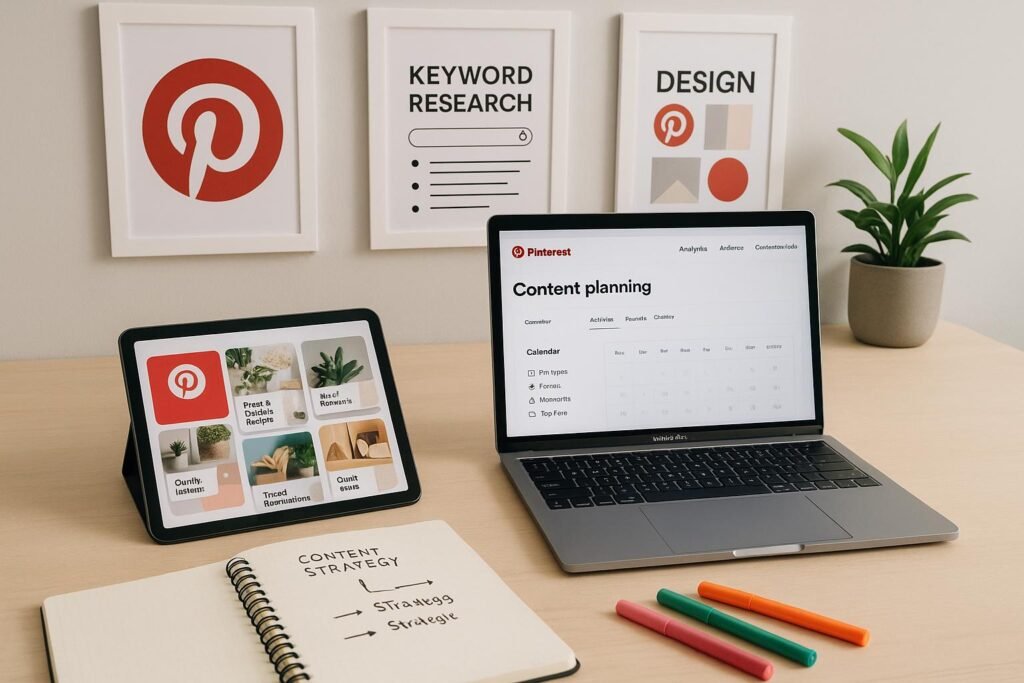 Moderner Arbeitsbereich mit Laptop, Tablet, Notizbuch und inspirierenden Postern zur Pinterest-Content-Erstellung, strahlt Kreativität und Technikaffinität aus.