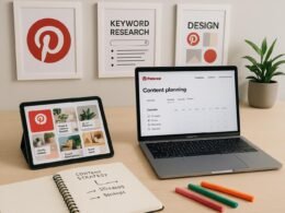 Moderner Arbeitsbereich mit Laptop, Tablet, Notizbuch und inspirierenden Postern zur Pinterest-Content-Erstellung, strahlt Kreativität und Technikaffinität aus.
