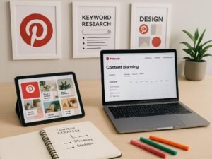 Moderner Arbeitsbereich mit Laptop, Tablet, Notizbuch und inspirierenden Postern zur Pinterest-Content-Erstellung, strahlt Kreativität und Technikaffinität aus.