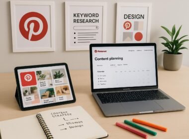 Moderner Arbeitsbereich mit Laptop, Tablet, Notizbuch und inspirierenden Postern zur Pinterest-Content-Erstellung, strahlt Kreativität und Technikaffinität aus.