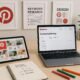 Moderner Arbeitsbereich mit Laptop, Tablet, Notizbuch und inspirierenden Postern zur Pinterest-Content-Erstellung, strahlt Kreativität und Technikaffinität aus.