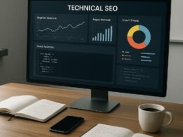 Modernes Büro mit Computermonitor, Notizbüchern, Smartphone und Kaffeetasse, während eine Webseite strukturell geplant wird