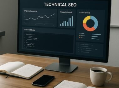 Modernes Büro mit Computermonitor, Notizbüchern, Smartphone und Kaffeetasse, während eine Webseite strukturell geplant wird