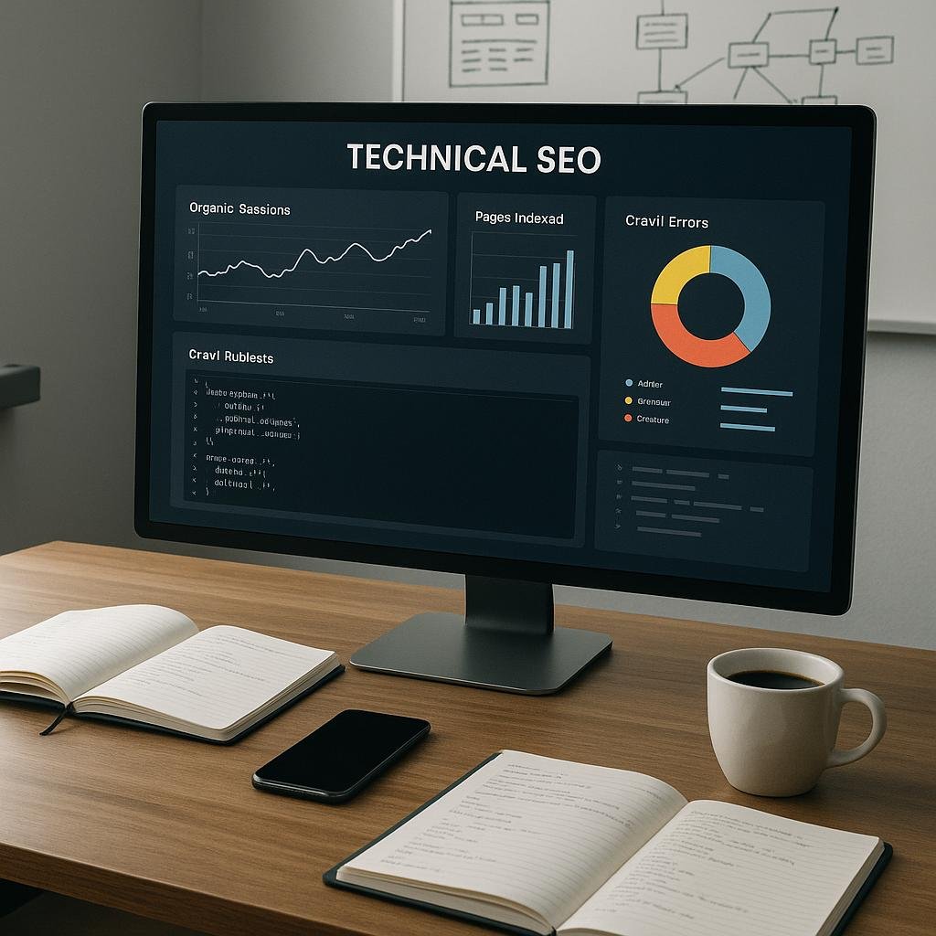 Modernes Büro mit Computermonitor, Notizbüchern, Smartphone und Kaffeetasse, während eine Webseite strukturell geplant wird