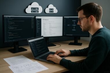 Person arbeitet an einem Laptop an einem modernen Arbeitsplatz mit mehreren Monitoren, Cloud-Icons im Hintergrund, umgeben von technischen Notizen und Diagrammen.