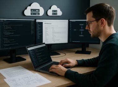 Person arbeitet an einem Laptop an einem modernen Arbeitsplatz mit mehreren Monitoren, Cloud-Icons im Hintergrund, umgeben von technischen Notizen und Diagrammen.