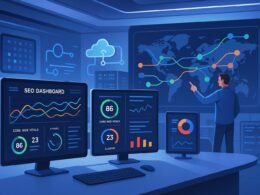 Futuristisches Büro mit mehreren Bildschirmen, die Echtzeit-Analytics, SEO-Dashboards und Cloud-Verbindungen anzeigen, mit einem Entwickler vor einer Wandkarte