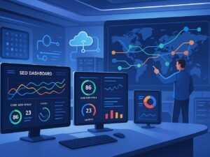 Futuristisches Büro mit mehreren Bildschirmen, die Echtzeit-Analytics, SEO-Dashboards und Cloud-Verbindungen anzeigen, mit einem Entwickler vor einer Wandkarte