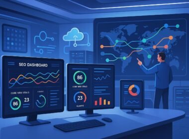 Futuristisches Büro mit mehreren Bildschirmen, die Echtzeit-Analytics, SEO-Dashboards und Cloud-Verbindungen anzeigen, mit einem Entwickler vor einer Wandkarte