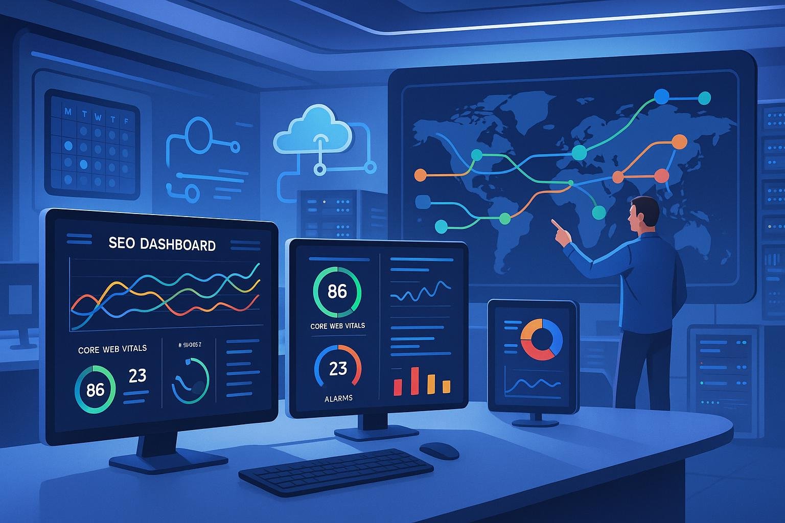 Futuristisches Büro mit mehreren Bildschirmen, die Echtzeit-Analytics, SEO-Dashboards und Cloud-Verbindungen anzeigen, mit einem Entwickler vor einer Wandkarte