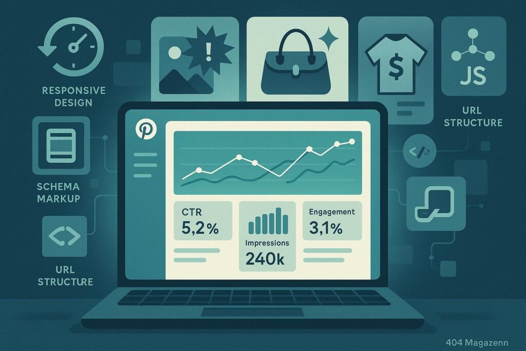 Stilisierte Illustration eines Computerbildschirms mit Dashboards, KPIs und technischen Elementen zur Pinterest-Performance-Analyse, im Hintergrund Produkt-Pins mit ansprechenden Hooks.