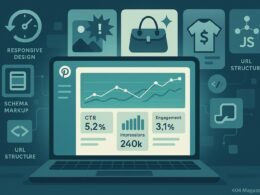 Stilisierte Illustration eines Computerbildschirms mit Dashboards, KPIs und technischen Elementen zur Pinterest-Performance-Analyse, im Hintergrund Produkt-Pins mit ansprechenden Hooks.