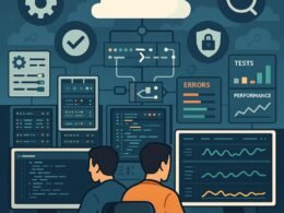 Entwickler arbeiten an Bildschirmen mit Code-Editoren und Monitoring-Dashboards vor Server-Racks, Visualisierung von Tests, Fehlern und Performance-Kennzahlen, umgeben von Icons für Automatisierung, Checks, Monitoring und Sicherheit.