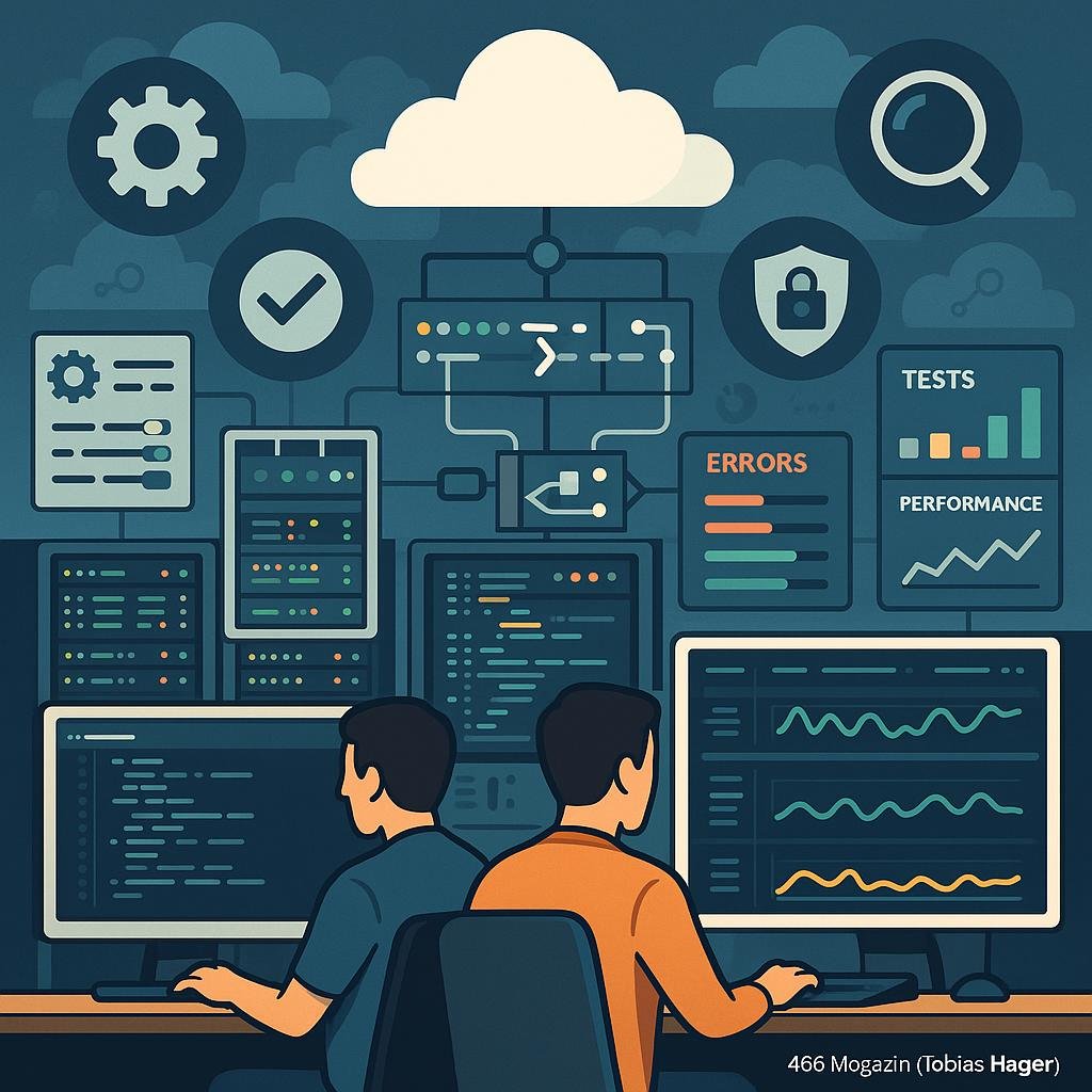 Entwickler arbeiten an Bildschirmen mit Code-Editoren und Monitoring-Dashboards vor Server-Racks, Visualisierung von Tests, Fehlern und Performance-Kennzahlen, umgeben von Icons für Automatisierung, Checks, Monitoring und Sicherheit.