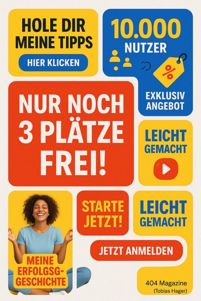 Modernes Pinterest-Board-Layout mit bunten Pins, auffälligen Überschriften, Erfolgsgeschichten und Call-to-Action-Buttons, inspiriert von Tobias Hager / 404 Magazine