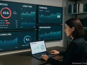 Kontrollraum für SEO-Monitoring mit großen Wanddisplays, einer Person am Laptop und Regalen mit technischen Büchern und Server-Equipment, Credit: 404 Magazine (Tobias Hager)