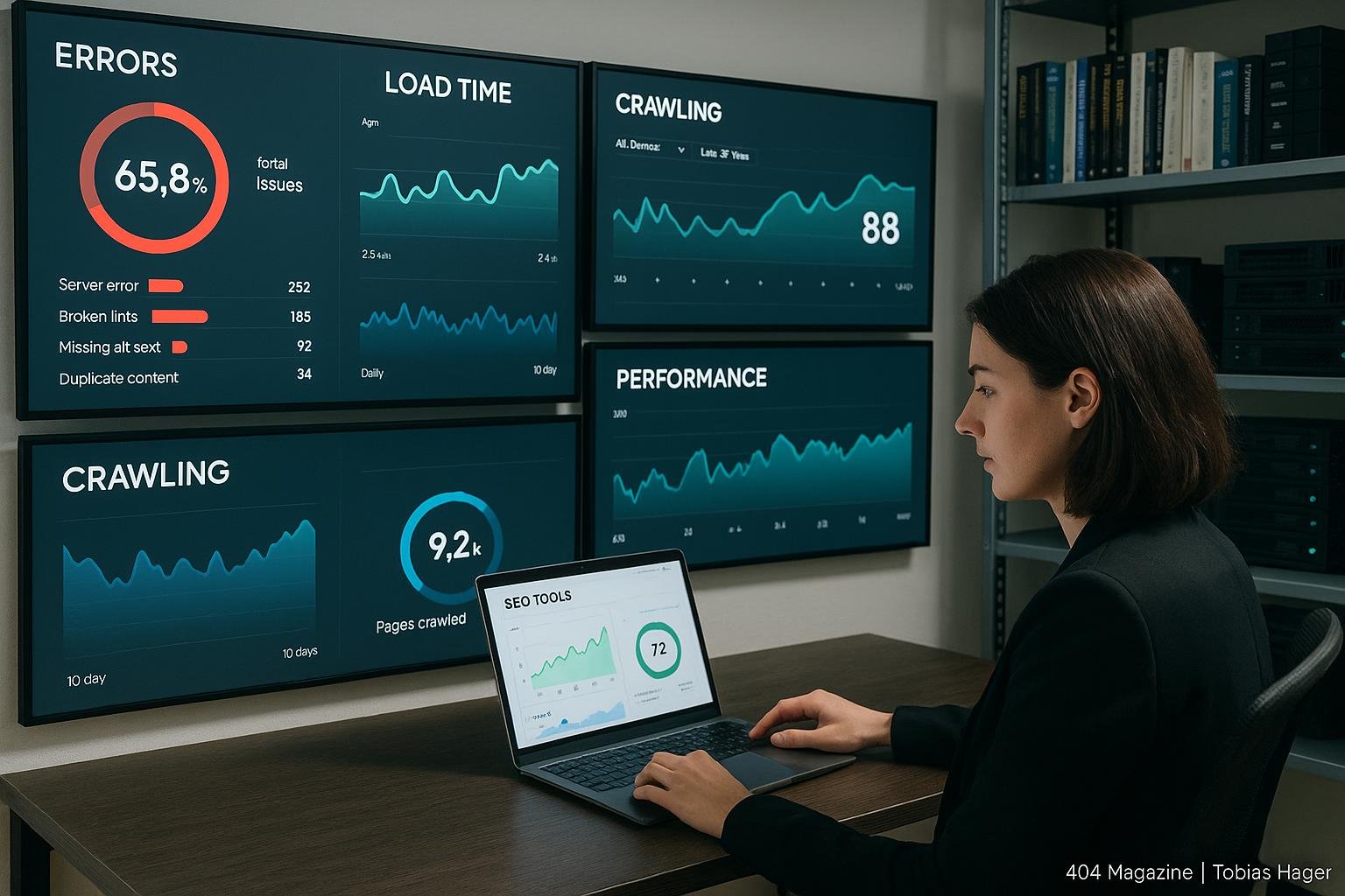 Kontrollraum für SEO-Monitoring mit großen Wanddisplays, einer Person am Laptop und Regalen mit technischen Büchern und Server-Equipment, Credit: 404 Magazine (Tobias Hager)