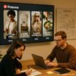 Motivierte Marketing-Profis arbeiten in einem modernen Büro mit großem Bildschirm, Whiteboards und kreativer Atmosphäre, während sie Pinterest Reels im Editorial-Stil anschauen