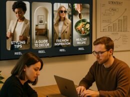 Motivierte Marketing-Profis arbeiten in einem modernen Büro mit großem Bildschirm, Whiteboards und kreativer Atmosphäre, während sie Pinterest Reels im Editorial-Stil anschauen