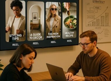 Motivierte Marketing-Profis arbeiten in einem modernen Büro mit großem Bildschirm, Whiteboards und kreativer Atmosphäre, während sie Pinterest Reels im Editorial-Stil anschauen