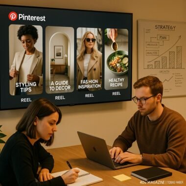 Motivierte Marketing-Profis arbeiten in einem modernen Büro mit großem Bildschirm, Whiteboards und kreativer Atmosphäre, während sie Pinterest Reels im Editorial-Stil anschauen
