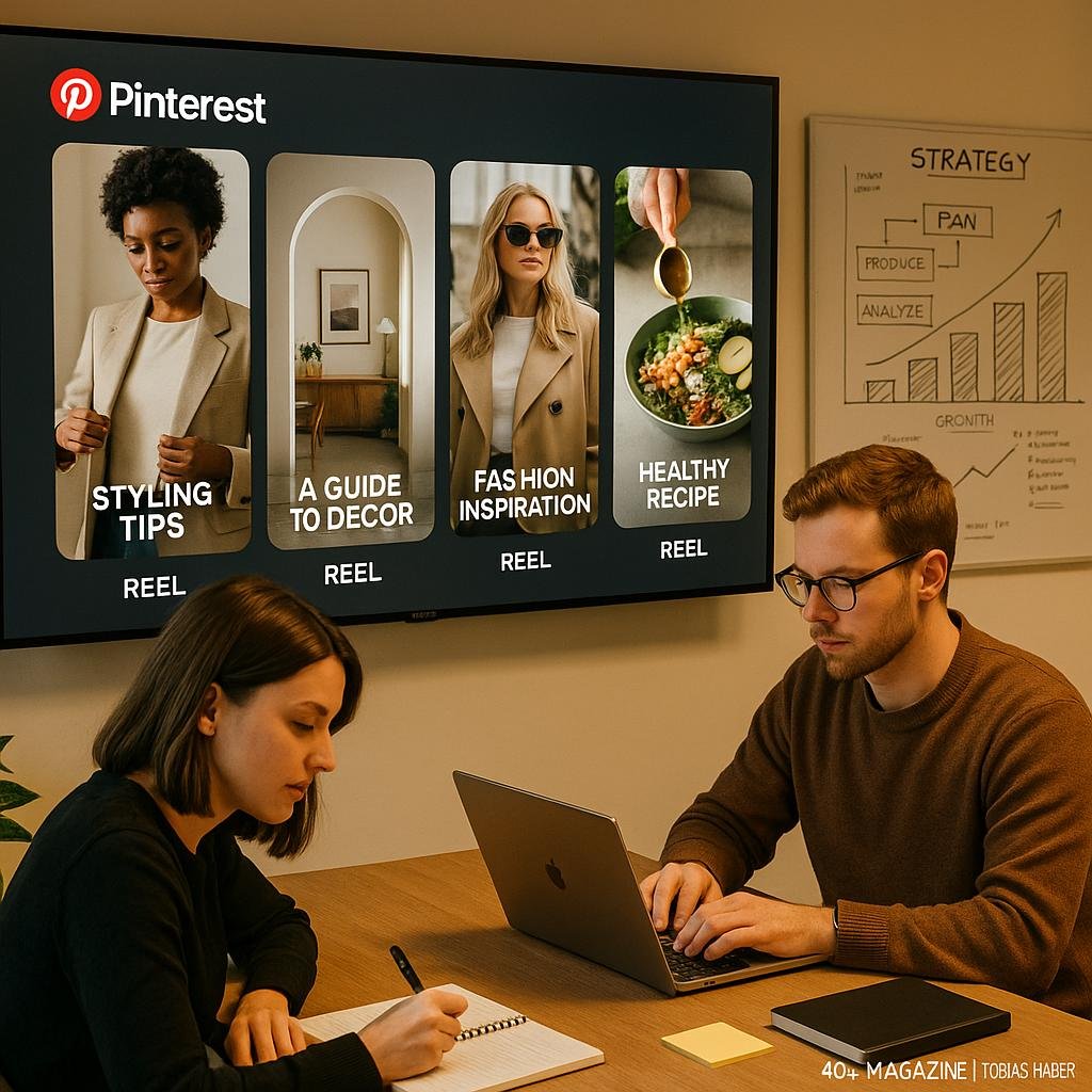 Motivierte Marketing-Profis arbeiten in einem modernen Büro mit großem Bildschirm, Whiteboards und kreativer Atmosphäre, während sie Pinterest Reels im Editorial-Stil anschauen