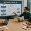 Das Team eines professionellen Website-Entwicklungsteams plant strategisch an einem digitalen Bildschirm mit SEO-Flowcharts und Zeitplänen in einem modernen Büro.