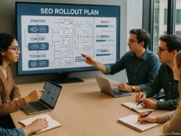 Das Team eines professionellen Website-Entwicklungsteams plant strategisch an einem digitalen Bildschirm mit SEO-Flowcharts und Zeitplänen in einem modernen Büro.