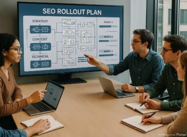 Das Team eines professionellen Website-Entwicklungsteams plant strategisch an einem digitalen Bildschirm mit SEO-Flowcharts und Zeitplänen in einem modernen Büro.