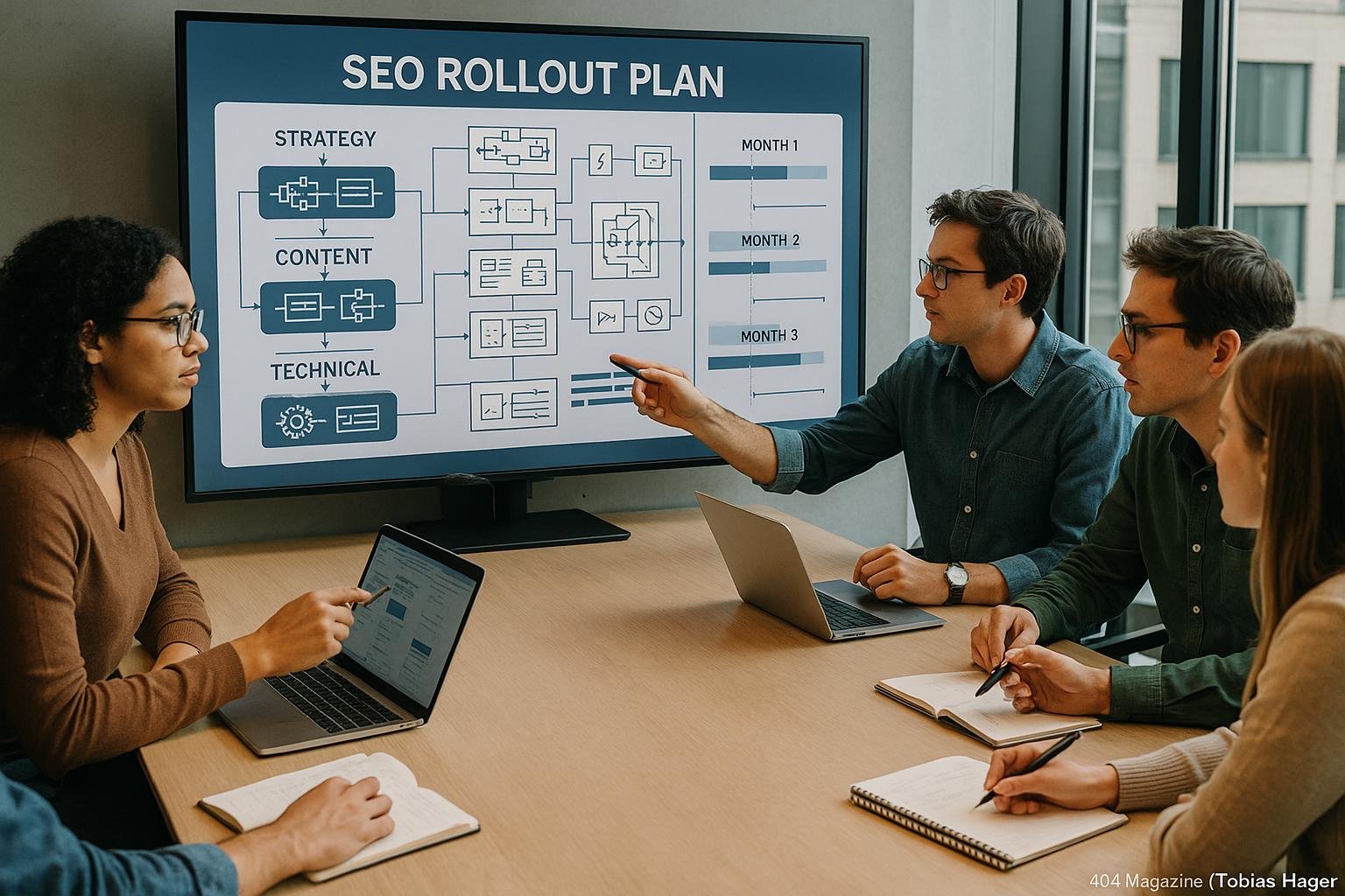Das Team eines professionellen Website-Entwicklungsteams plant strategisch an einem digitalen Bildschirm mit SEO-Flowcharts und Zeitplänen in einem modernen Büro.