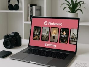 Modernes minimalistisches Arbeitsstudio mit Laptop, Kamera, Festplatte und Notizen, weiße Regale im Hintergrund, kreative Arbeitsumgebung, Tobias Hager, 404 Magazine