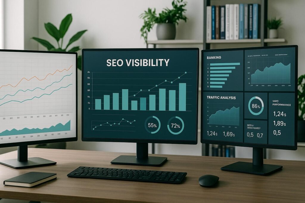 Moderne Bürolandschaft mit großen Monitoren, Datenvisualisierungen zu SEO-Visibility, Fachbücher und Pflanzen im Hintergrund, natürliche Beleuchtung