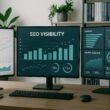 Moderne Bürolandschaft mit großen Monitoren, Datenvisualisierungen zu SEO-Visibility, Fachbücher und Pflanzen im Hintergrund, natürliche Beleuchtung