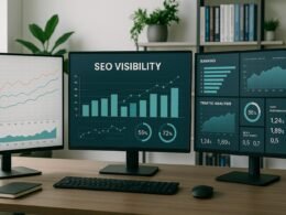 Moderne Bürolandschaft mit großen Monitoren, Datenvisualisierungen zu SEO-Visibility, Fachbücher und Pflanzen im Hintergrund, natürliche Beleuchtung