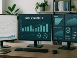 Moderne Bürolandschaft mit großen Monitoren, Datenvisualisierungen zu SEO-Visibility, Fachbücher und Pflanzen im Hintergrund, natürliche Beleuchtung