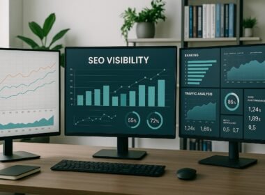 Moderne Bürolandschaft mit großen Monitoren, Datenvisualisierungen zu SEO-Visibility, Fachbücher und Pflanzen im Hintergrund, natürliche Beleuchtung