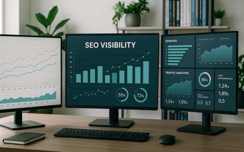 Moderne Bürolandschaft mit großen Monitoren, Datenvisualisierungen zu SEO-Visibility, Fachbücher und Pflanzen im Hintergrund, natürliche Beleuchtung