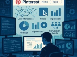 Modernes, technologiegetriebenes Arbeitsumfeld mit Datenfeeds, Dashboard-Visualisierungen und Pinterest-Reels im Hintergrund, umgeben von technischen Symbolen.