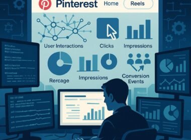 Modernes, technologiegetriebenes Arbeitsumfeld mit Datenfeeds, Dashboard-Visualisierungen und Pinterest-Reels im Hintergrund, umgeben von technischen Symbolen.