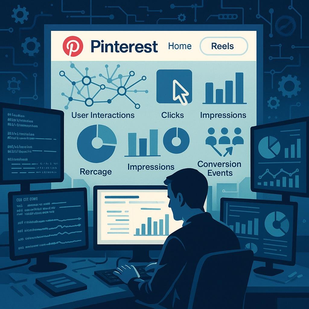 Modernes, technologiegetriebenes Arbeitsumfeld mit Datenfeeds, Dashboard-Visualisierungen und Pinterest-Reels im Hintergrund, umgeben von technischen Symbolen.