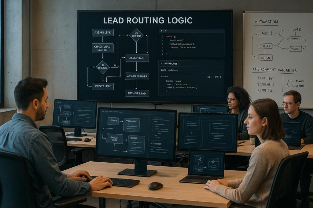Mitarbeitende in einem hochmodernen Büro überwachen API-Workflows an großen Bildschirmen, mit Whiteboards im Hintergrund mit Skizzen zu Automatisierung und Variablen.