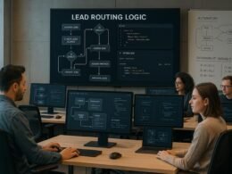 Mitarbeitende in einem hochmodernen Büro überwachen API-Workflows an großen Bildschirmen, mit Whiteboards im Hintergrund mit Skizzen zu Automatisierung und Variablen.