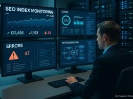Modernes High-Tech Büro mit mehreren Monitoren, die digitale Dashboards und Grafiken zur API-basierten SEO-Indexüberwachung zeigen, mit einer Person, die Daten analysiert
