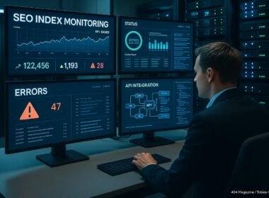 Modernes High-Tech Büro mit mehreren Monitoren, die digitale Dashboards und Grafiken zur API-basierten SEO-Indexüberwachung zeigen, mit einer Person, die Daten analysiert