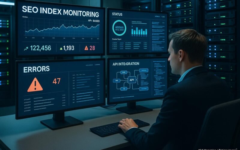 Modernes High-Tech Büro mit mehreren Monitoren, die digitale Dashboards und Grafiken zur API-basierten SEO-Indexüberwachung zeigen, mit einer Person, die Daten analysiert