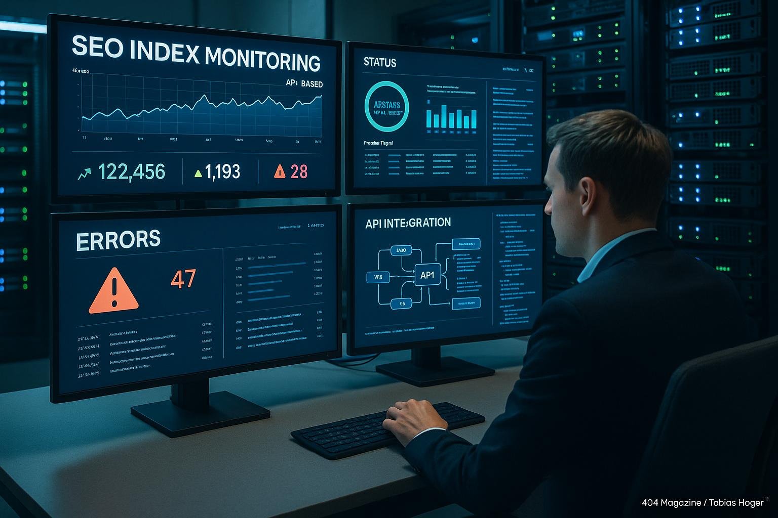 Modernes High-Tech Büro mit mehreren Monitoren, die digitale Dashboards und Grafiken zur API-basierten SEO-Indexüberwachung zeigen, mit einer Person, die Daten analysiert