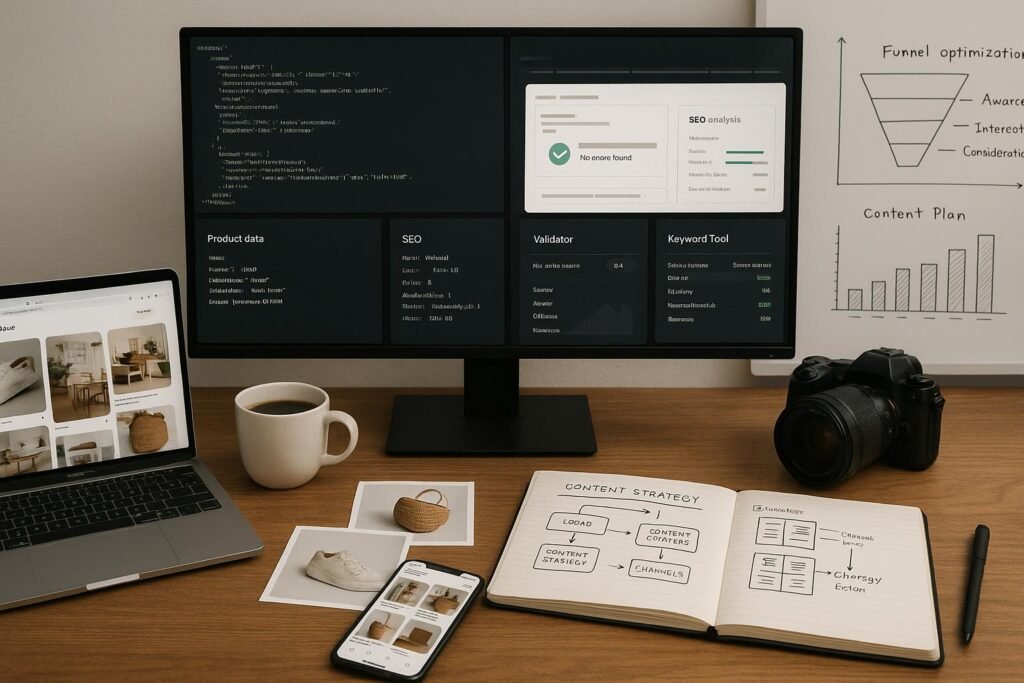 Moderner Arbeitsplatz für E-Commerce-Profis mit Monitor, Laptop, Kamera, Notizbuch und Whiteboard, alles voller Code, Produktdaten und Analysen.